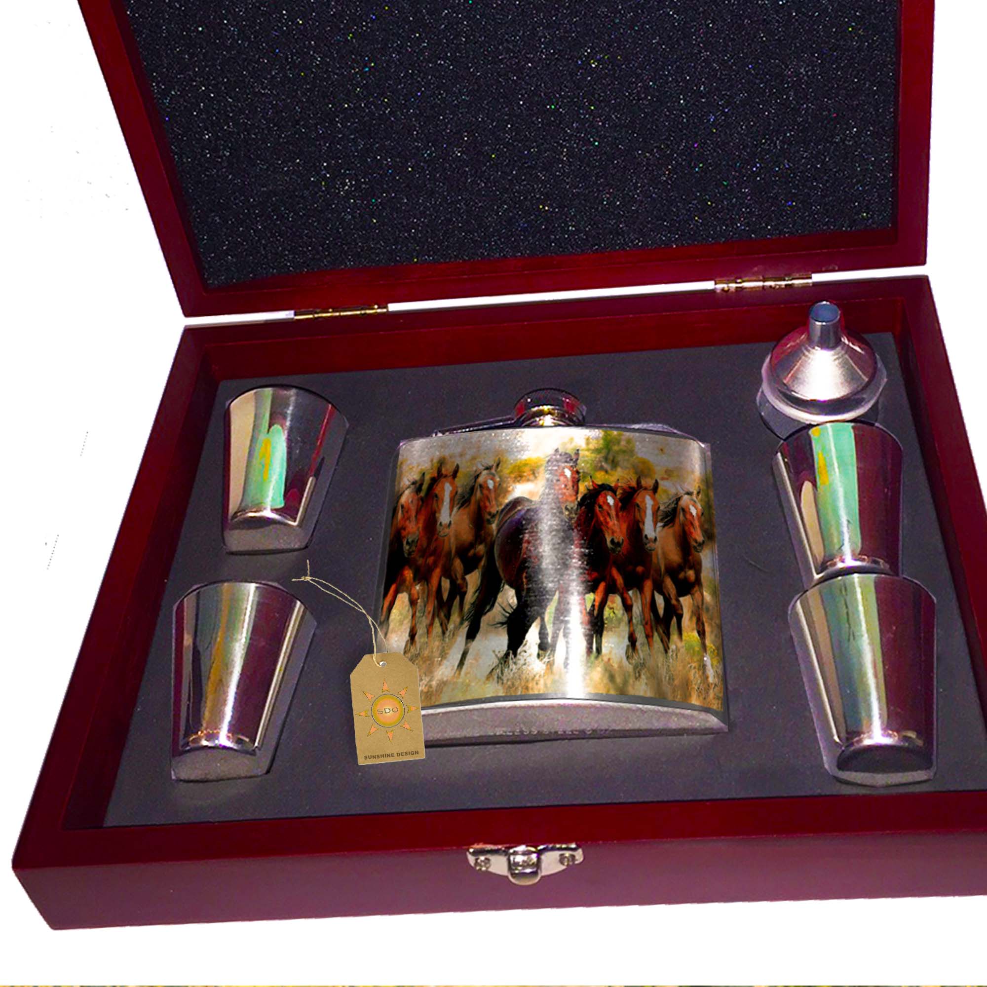 Wild Mustang Horses Western Prairie Silver Flask Wood Box Gift Set