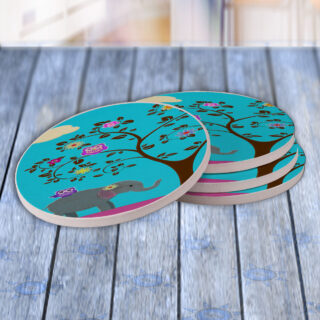 Owl Elephant Pink Tree - Drink Coaster Gift Set